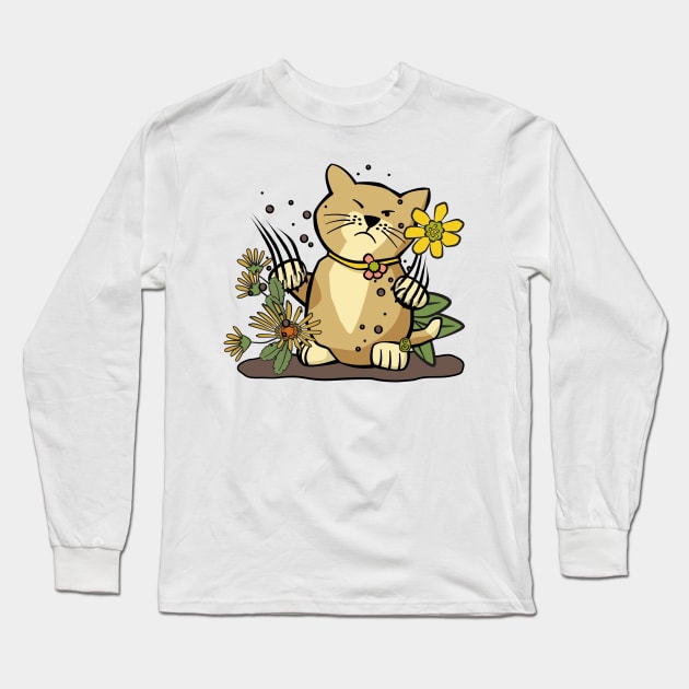 Angry Cat in Flower Garden Long Sleeve T-Shirt by Sue Cervenka